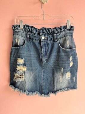 Hayden Paperbag Denim Skirt Women’s Large Distressed Blue Jean Mini NWT